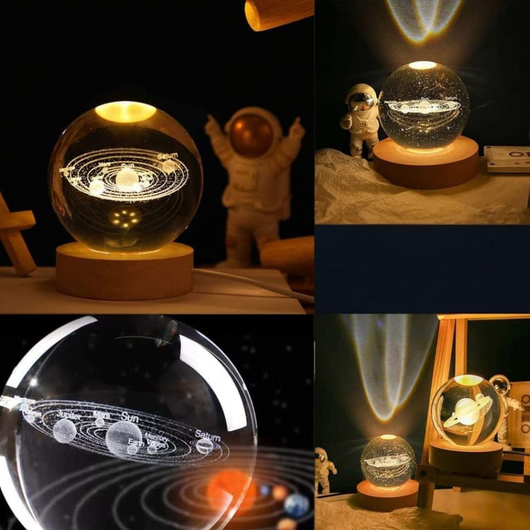 3D Crystal ball room glass art display with universe design made by laser technique comes with the 3.5 inch wood display base with RGB multi-colored lighting and a remote controller. (Glass Ball)