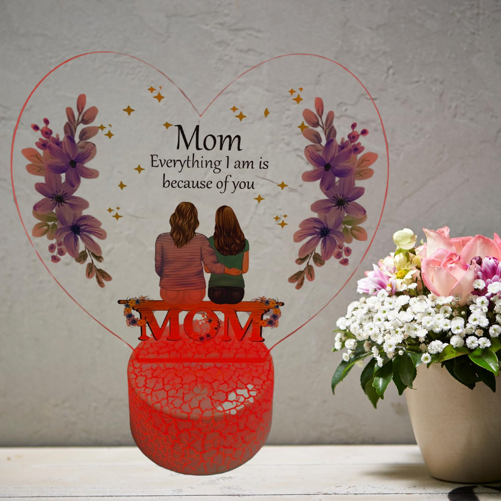 Mom Everything I am Because of You - LED Light Up Glass Heart - Flower Design on Red Heart Shaped Lighted Base Mothers Day Gift Design 1