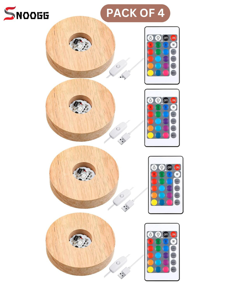 SNOOGG Wood RGB 16 Colour Led Light Round Wooden Display Base Stand with USB Cable Switch and 24 Key Remote Control for 3D Crystal Glasses, Resin Art, Trophy, Award etc Pack of (4)