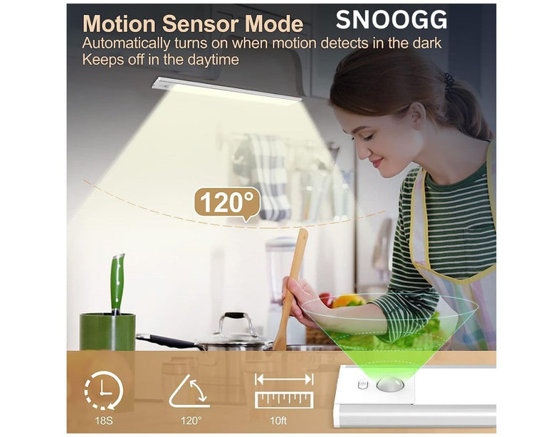 SNOOGG Under Cabinet Lighting Rechargeable Motion Sensor Closet Light, Wireless Dimmable Lights, 3 Color Temps Under Counter Light for Kitchen, Pantry, Stair