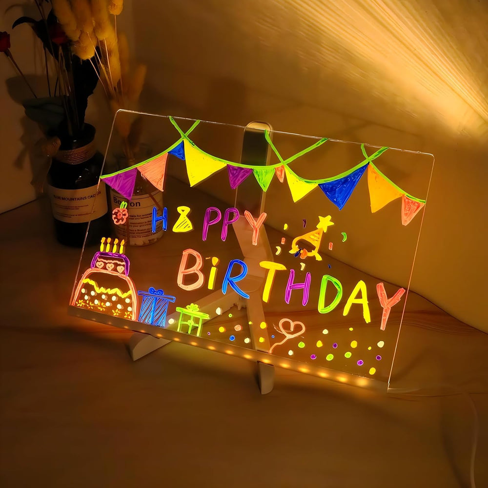 SNOOGG LED Note Board: 6 Pens, Stand. Acrylic Light Up Message & Drawing Tablet for Office Organization, Room Decor, Festival Greetings, Birthday Gift
