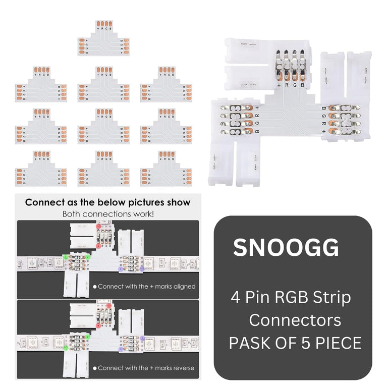 snoogg t shape 4 pin led connectors 5 pack 10mm wide unwired solderless gapless adapter con