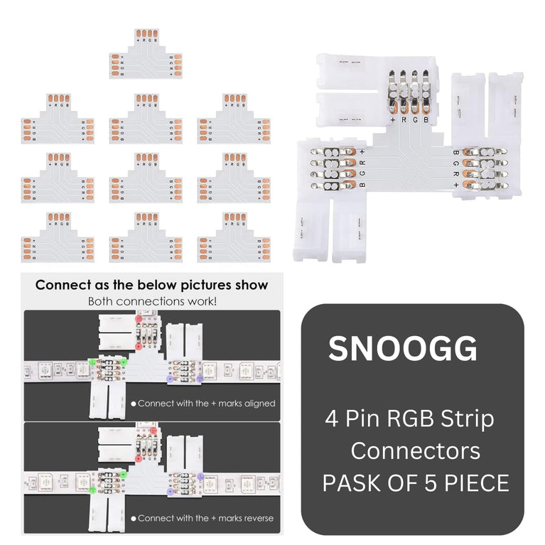 SNOOGG T Shape 4-Pin LED Connectors 5-Pack 10mm Wide Unwired Solderless Gapless Adapter Connectors Extension 12V 72W for 5050 3528 SMD RGB LED Strip Lights