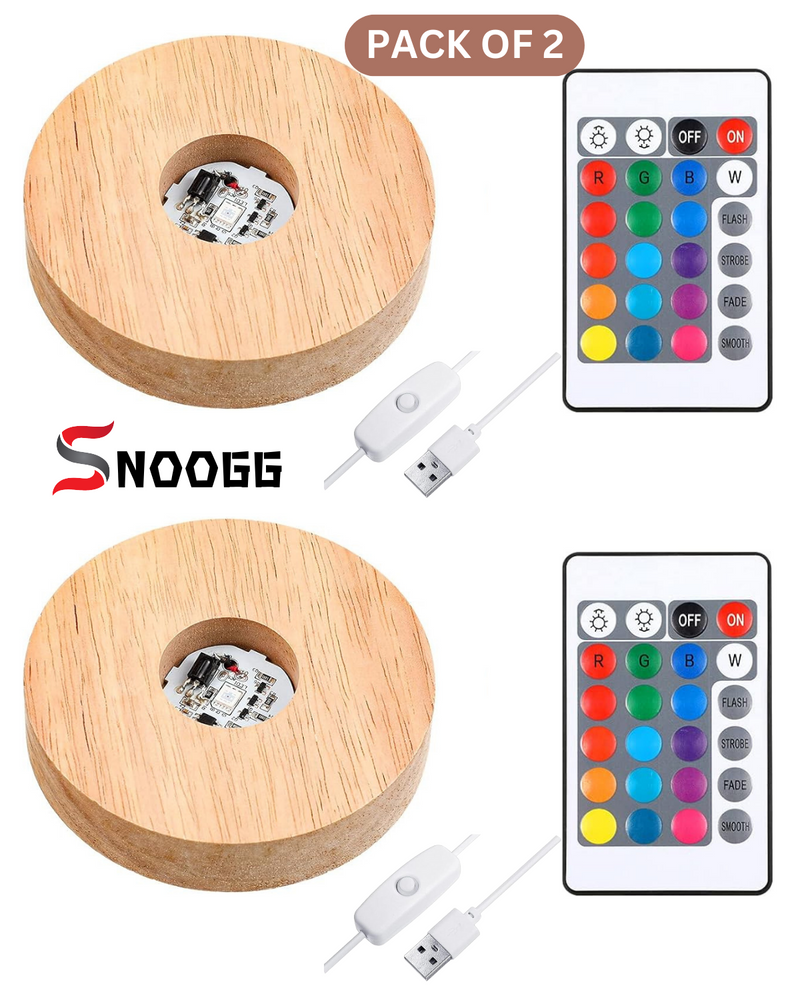 SNOOGG Wood RGB 16 colour Led Light round wooden Display Base Stand with USB Cable Switch and 24 Key Remote control for 3D crystal glasses, resin art, trophy , award etc