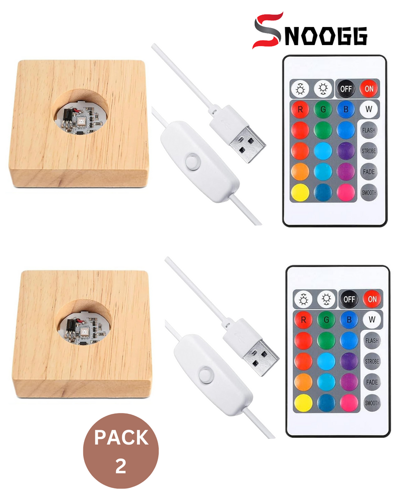 SNOOGG Wood RGB 16 colour Led Light SQUARE PINE WOOD Display Base Stand with ON OFF USB Cable Switch and 24 Key Remote control for 3D crystal glasses, resin art, trophy , award etc