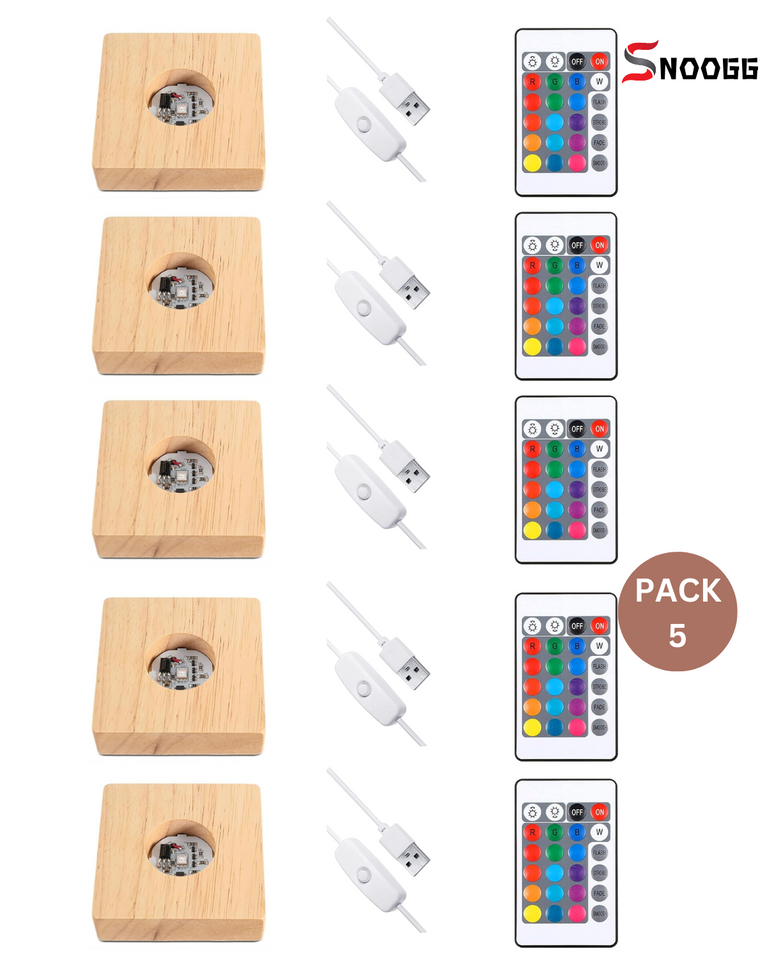 SNOOGG Wood RGB 16 colour Led Light SQUARE PINE WOOD Display Base Stand with ON OFF USB Cable Switch and 24 Key Remote control for 3D crystal glasses, resin art, trophy , award etc