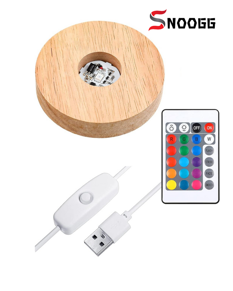 SNOOGG Pack of 2  Wood RGB 16 colour Led Light SQUARE and Round  PINE WOOD Display Base Stand with ON OFF USB Cable Switch and 24 Key Remote control for 3D crystal glasses, resin art, trophy , award etc