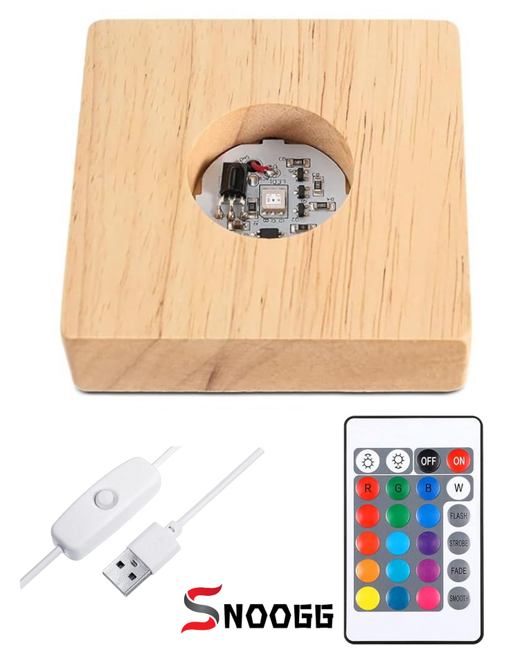 SNOOGG Pack of 2  Wood RGB 16 colour Led Light SQUARE and Round  PINE WOOD Display Base Stand with ON OFF USB Cable Switch and 24 Key Remote control for 3D crystal glasses, resin art, trophy , award etc