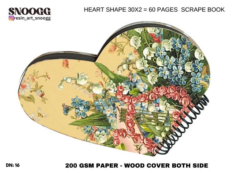 SNOOGG Heart Shape scrapbook Journals album, Hard Wood u.v. printed with resin art cover with lace, and flowers, accessories Ideal for your Family DIY, Art and Craft Project.Design-116