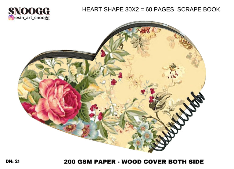 SNOOGG Heart Shape scrapbook Journals album, Hard Wood u.v. printed with resin art cover with lace, and flowers, accessories Ideal for your Family DIY, Art and Craft Project.Design-121