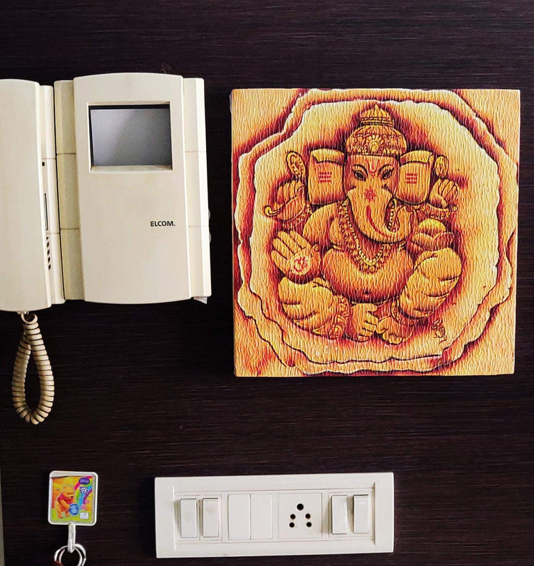 Snoogg Art 'Lord Ganesh Painting Print Art Work. for Home, Living Room & Office Decor 100% Wood. Artiest Hand Created Gesso Texture. 12x12 Inch
