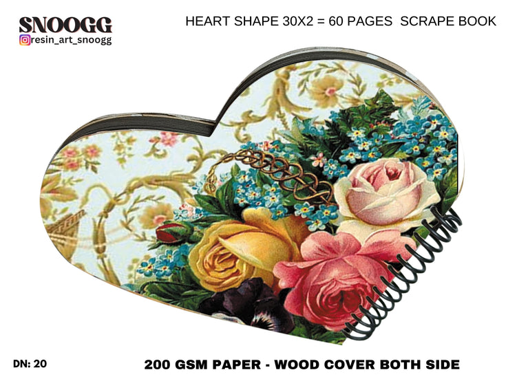 SNOOGG Heart Shape scrapbook Journals album, Hard Wood u.v. printed with resin art cover with lace, and flowers, accessories Ideal for your Family DIY, Art and Craft Project.Design-120