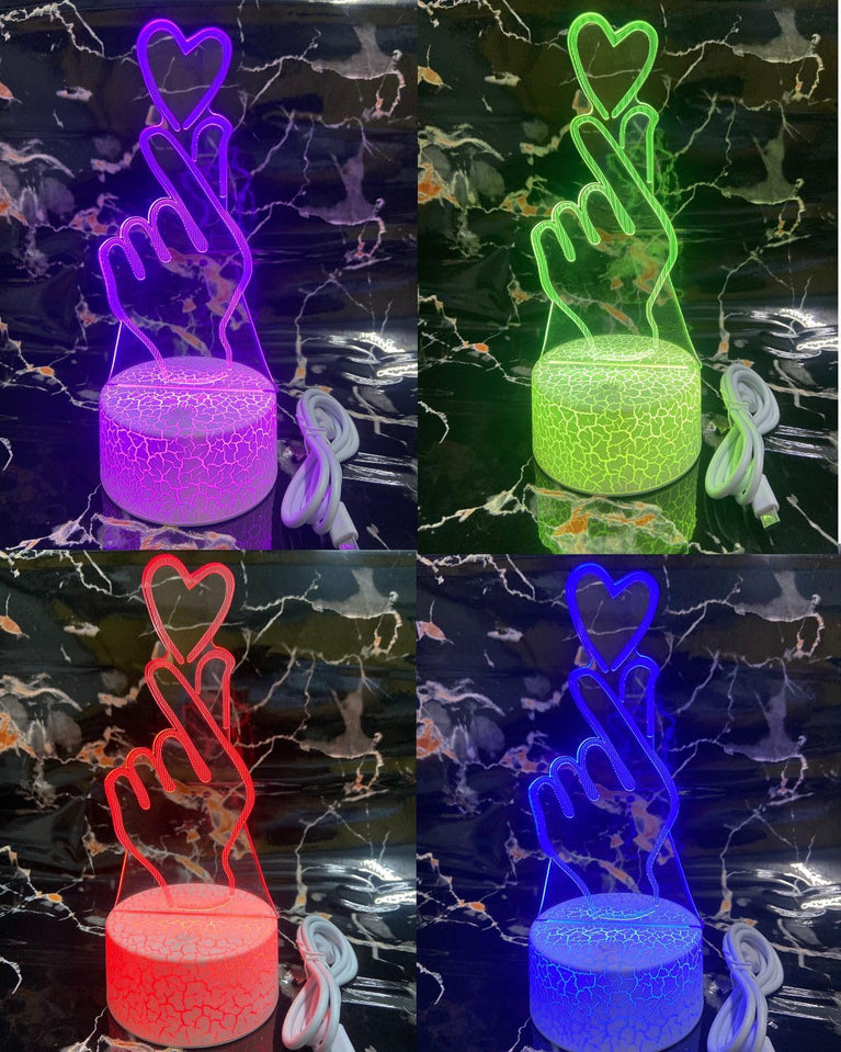 SNOOGG 3D BTS Korean Finger Heart Kpop LED Night Light Multi Color Changing Lamp for Children Kids Best Gifts Comes with Dimmable with Touch Function Strong ABS Base Crack Design