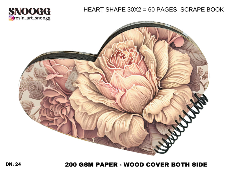 SNOOGG Heart Shape scrapbook Journals album, Hard Wood u.v. printed with resin art cover with lace, and flowers, accessories Ideal for your Family DIY, Art and Craft Project. Design-124