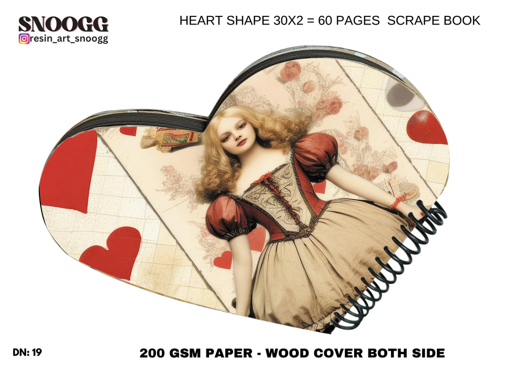 SNOOGG Heart Shape scrapbook Journals album, Hard Wood u.v. printed with resin art cover with lace, and flowers, accessories Ideal for your Family DIY, Art and Craft Project. Design-119