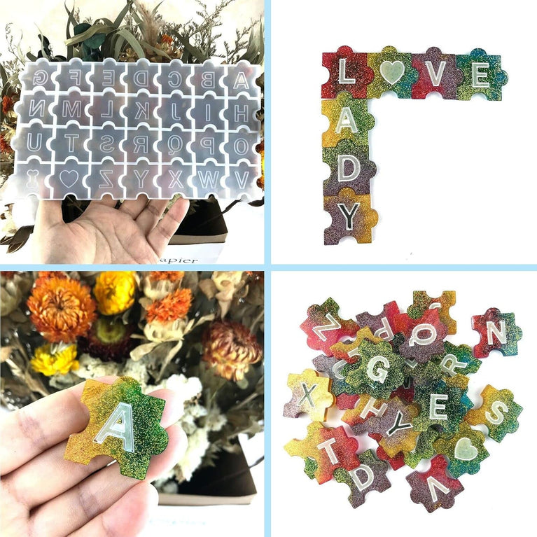 SNOOGG Pack of 1 ABCD Puzzle with 26 Alphabet Letters and 2 Shape Resin Silicone epoxy Mold for Solving Puzzle, Kids Activity,Art and Craft DIY and More