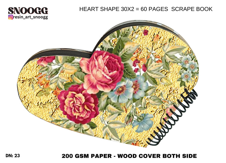 SNOOGG Heart Shape scrapbook Journals album, Hard Wood u.v. printed with resin art cover with lace, and flowers, accessories Ideal for your Family DIY, Art and Craft Project. Design-123