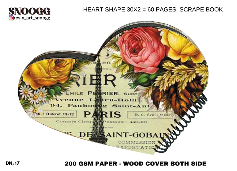 SNOOGG Heart Shape scrapbook Journals album, Hard Wood u.v. printed with resin art cover with lace, and flowers, accessories Ideal for your Family DIY, Art and Craft Project.Design-117