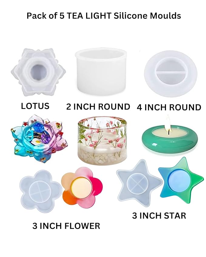 Snoogg Tea Light candel Silicone Mold Combo of 5 molds in Shape Lotus 2 inch Round 4 inch Oval Edge Star and Flower - Set of Five Moulds