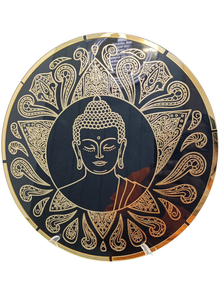 Beautyful foil Transfer print of Lord Buddha, Ganesh and Om. Size 12 inch round. Acrylic base