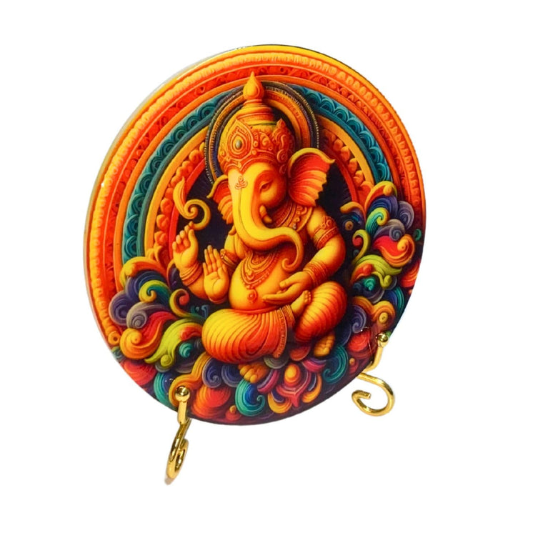 SNOOGG God Ganesha Siddhivinayak desktop 3D UV Reactive with Epoxy Resin picture and Foldable Gold plated metal stand for living rood home décor office Yoga Meditation space.