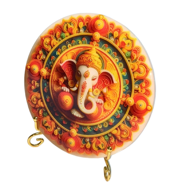 SNOOGG God Ganesha Siddhivinayak desktop 3D UV Reactive with Epoxy Resin picture and Foldable Gold plated metal stand for living rood home décor office Yoga Meditation space.