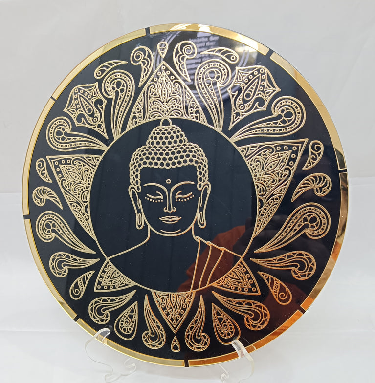 Beautyful foil Transfer print of Lord Buddha, Ganesh and Om. Size 12 inch round. Acrylic base