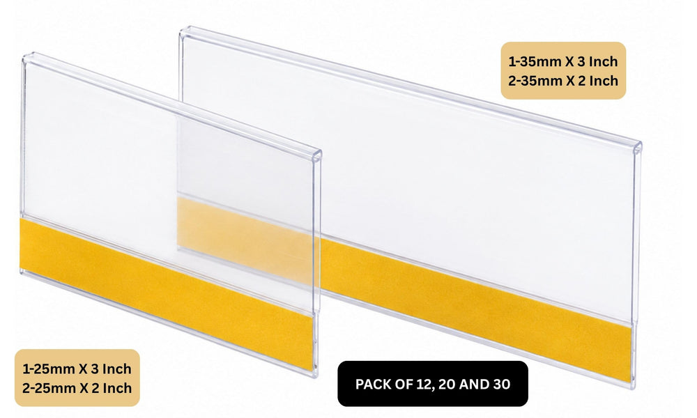 SNOOGG 12 Pack Clear Label Holder 25mm X 2 INCH Self Adhesive Shelf Name Badge Strip for Shopping Mall's, Kitchen Cabinet, Store Rack, Food Cover, Library, Pantry, Warehouse Bin & Counter Display,