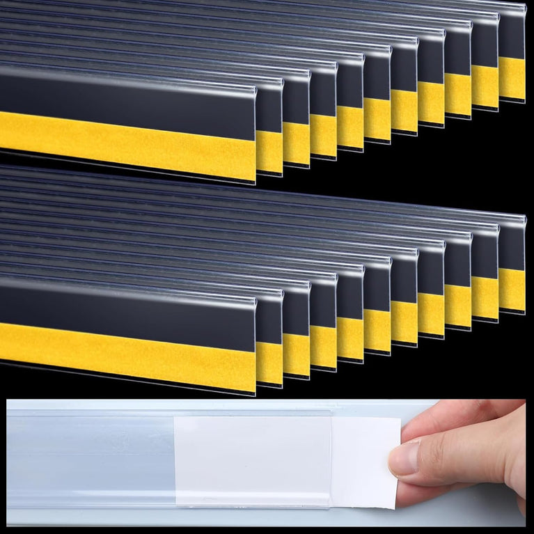 SNOOGG 12 Pack Clear Label Holder 25mm X 2 INCH Self Adhesive Shelf Name Badge Strip for Shopping Mall's, Kitchen Cabinet, Store Rack, Food Cover, Library, Pantry, Warehouse Bin & Counter Display,