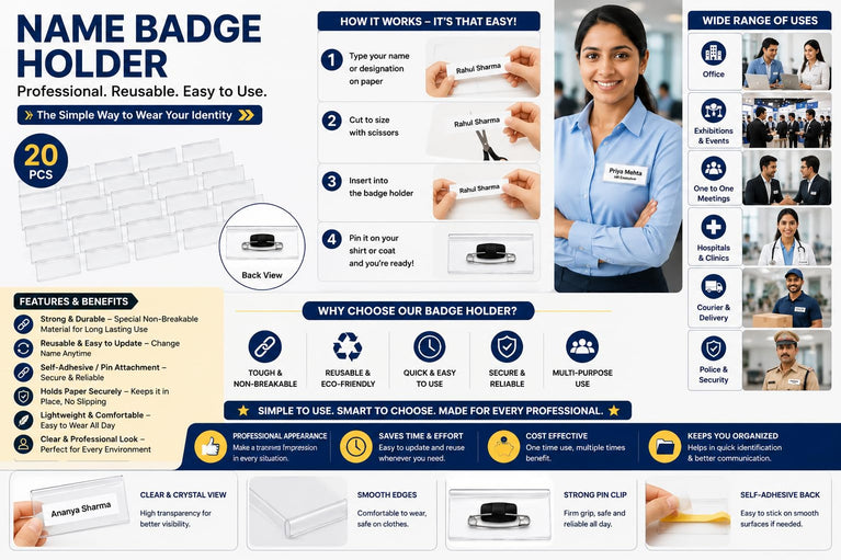 SNOOGG Clear Clear Name Badge Holder with Pin, Reusable ID Card Name Tag Holder for Office, Hospital, School, Exhibition, Events, Staff Uniform, Collar & Employee Identification