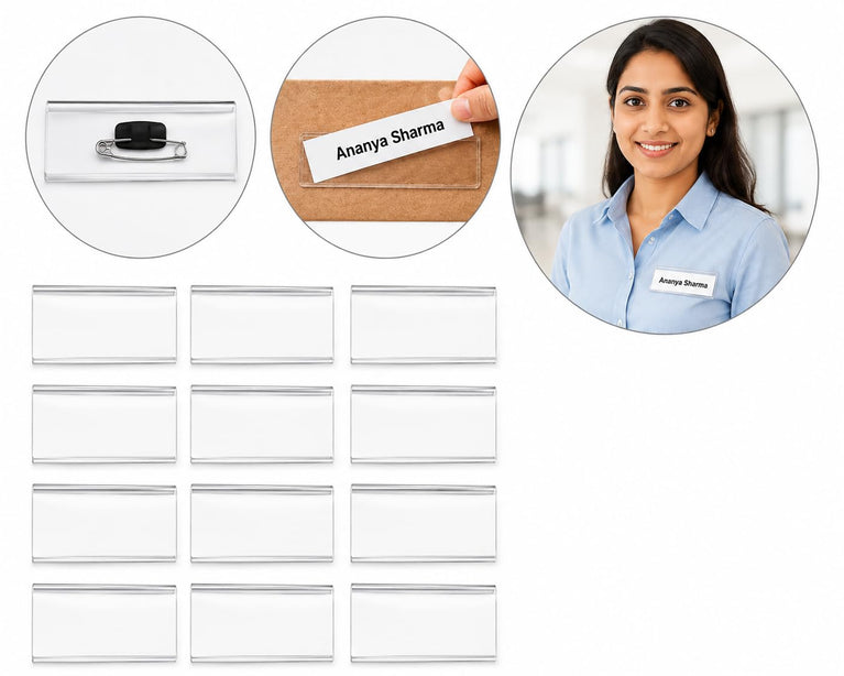 SNOOGG Clear Acrylic Name Badge Holder with Pin, Reusable ID Card Name Tag Holder for Office, Hospital, School, Exhibition, Events, Staff Uniform, Collar & Employee Identification