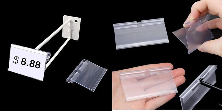 SNOOGG Clear PVC Price Label Holder Clip 60X42 MM, Wire Hook Tag Display Sleeve for Bi-Wire Racks, Pegboard Prongs, Gondola Shelves, Retail Store Price Cards & Barcodes