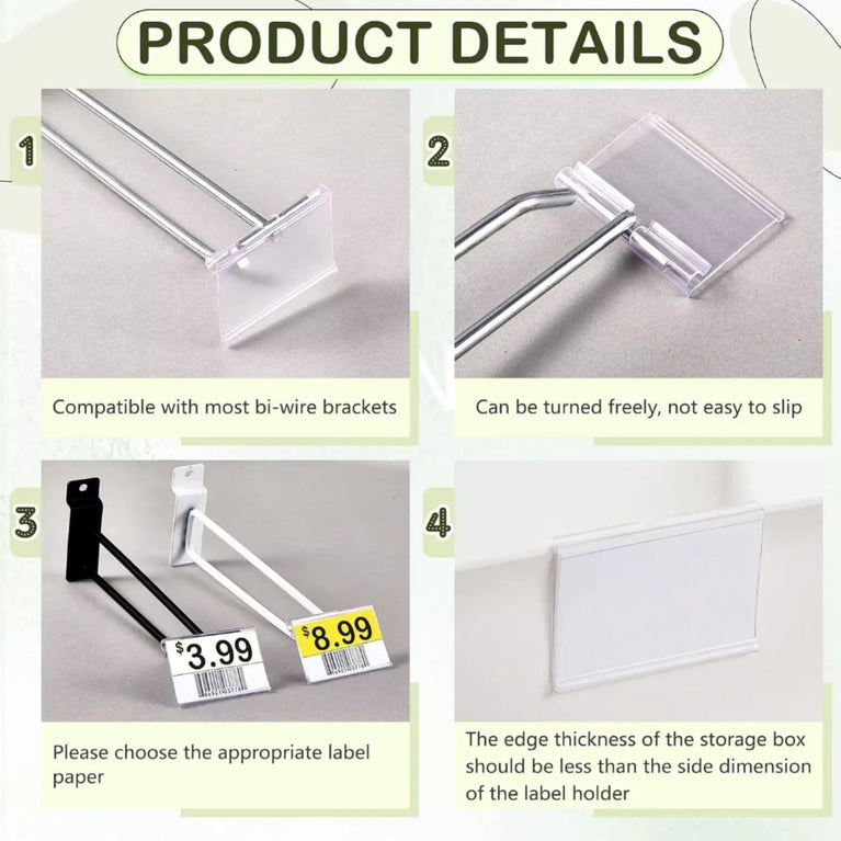 SNOOGG Clear PVC Price Label Holder Clip 80X42 MM, Wire Hook Tag Display Sleeve for Bi-Wire Racks, Pegboard Prongs, Gondola Shelves, Retail Store Price Cards & Barcodes