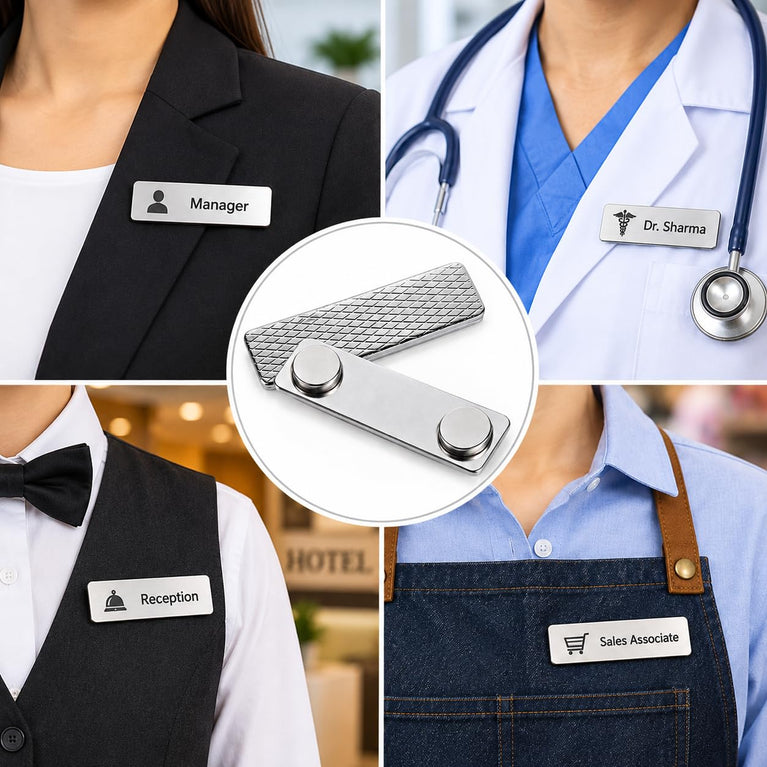 SNOOGG Stainless Steel Magnetic Name Badge Holder | No Pin No Hole ID Card Fastener | Strong Dual Magnet, 3M Adhesive Front Plate | 44mm x 13mm | Pack of 2