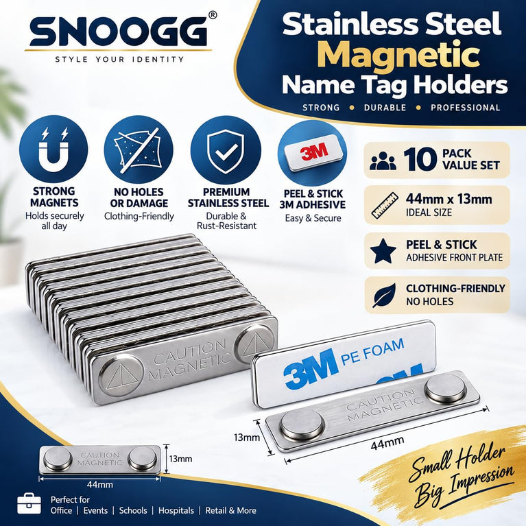SNOOGG Stainless Steel Magnetic Name Badge Holder | No Pin No Hole ID Card Fastener | Strong Dual Magnet, 3M Adhesive Front Plate | 44mm x 13mm | Pack of 2