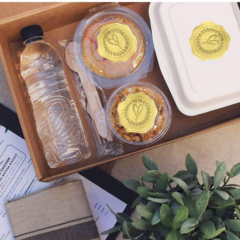 SNOOGG 25 mm 75-Piece Gold Heart Embossed Wax Seal Stickers, self-Adhesive Faux Wax Seals with 3D foil Texture for Wedding invites, envelopes, Gift Wrapping, Party Favors, Jars, Baking, and Branding. Price: 259