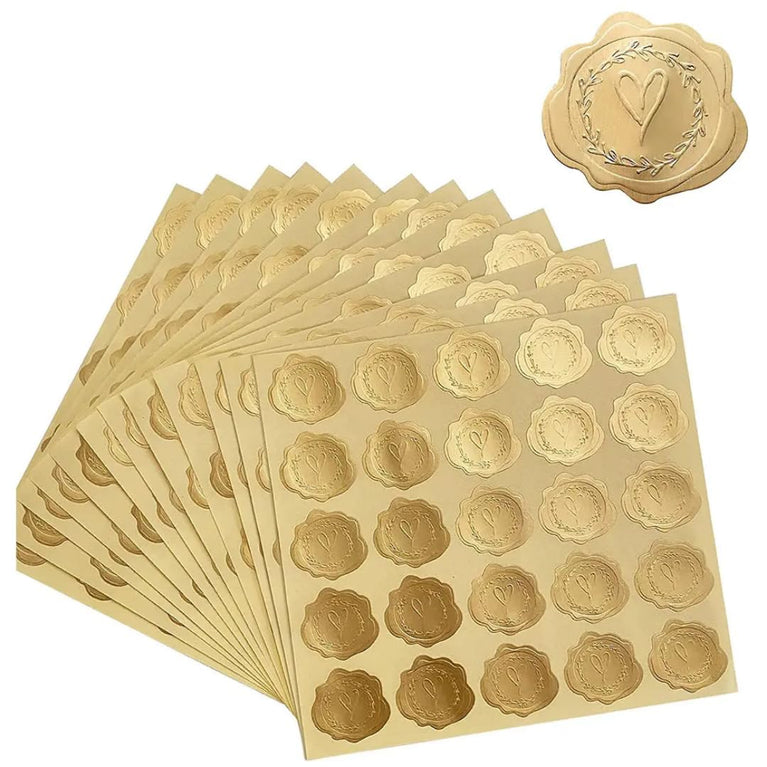 SNOOGG 25 mm 75-Piece Gold Heart Embossed Wax Seal Stickers, self-Adhesive Faux Wax Seals with 3D foil Texture for Wedding invites, envelopes, Gift Wrapping, Party Favors, Jars, Baking, and Branding. Price: 259