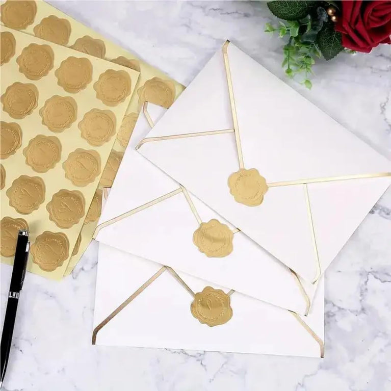 SNOOGG 25 mm 75-Piece Gold Heart Embossed Wax Seal Stickers, self-Adhesive Faux Wax Seals with 3D foil Texture for Wedding invites, envelopes, Gift Wrapping, Party Favors, Jars, Baking, and Branding. Price: 259