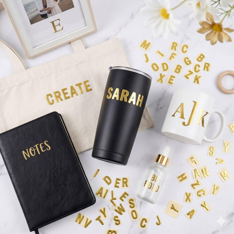 SNOOGG Gold Foil Alphabet Letter & Number Sticker Sheets Pack of 5 | Die-Cut Vinyl Decals for Crafts, Scrapbooking, Tumblers, Water Bottles, Journals, DIY Gifts & Personalization