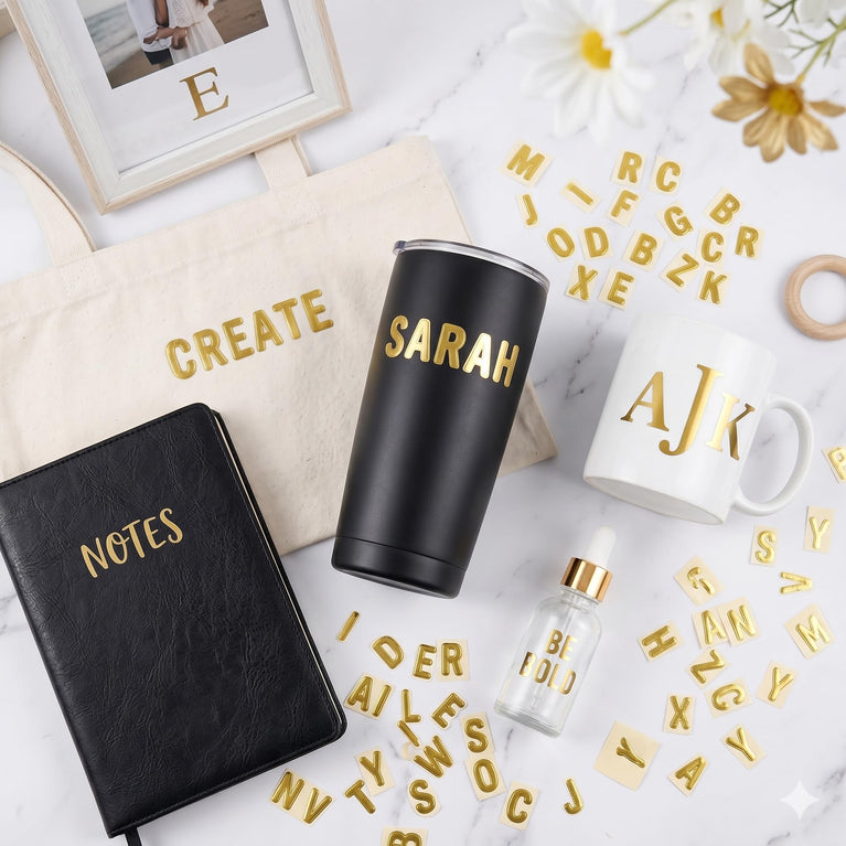 SNOOGG Gold Foil Alphabet Letter & Number Sticker Sheets Pack of 5 | Die-Cut Vinyl Decals for Crafts, Scrapbooking, Tumblers, Water Bottles, Journals, DIY Gifts & Personalization