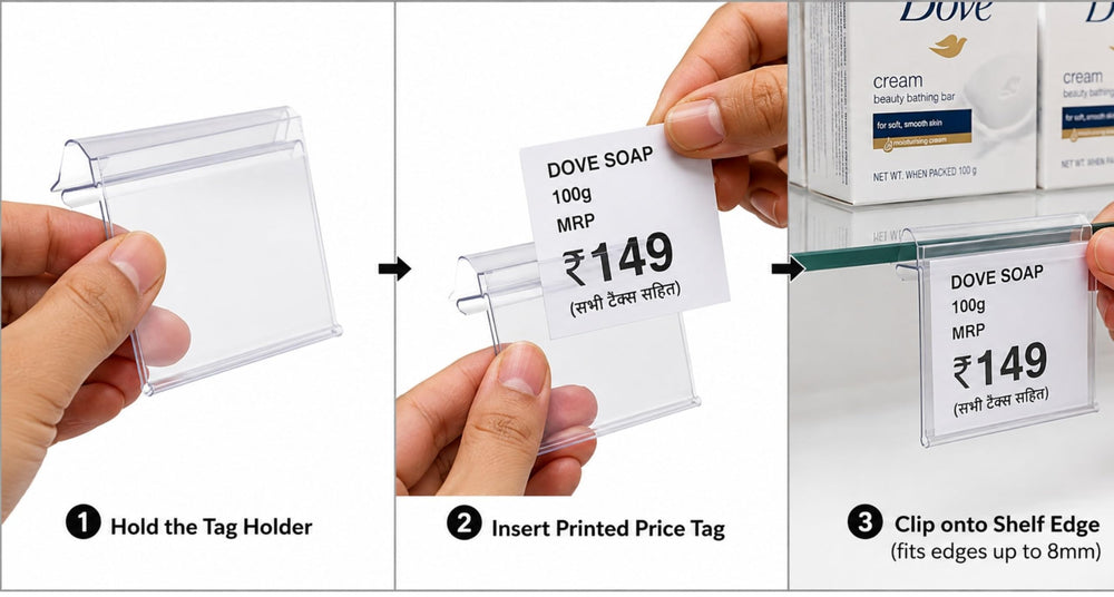 SNOOGG 50 MM 2 INCH Clear Plastic Shelf Label Holder, Price Tag Clip for Glass/Wood/Metal Shelf Edge up to 8mm, Flip-Both-Way Sign Display Clip for Retail Store, Supermarket