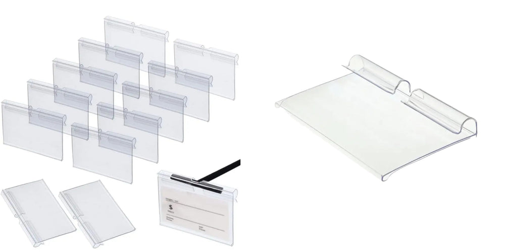 SNOOGG 12 Pc Clear Plastic Price Tag Holder Clip 2.4" X 1.45" for Wire Shelf Hooks Label Holder for Bi-Wire Display Racks, Pegboard Prongs, Retail Shop Shelving Sign Card Clip Sleeve
