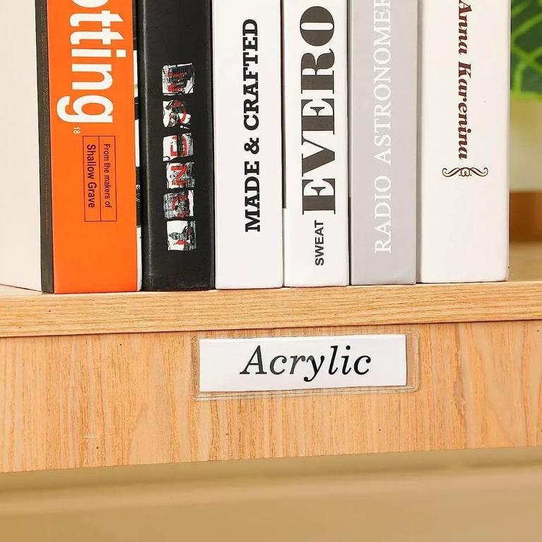 SNOOGG Clear Label Holder 25mm & 35mm Height, Self Adhesive Shelf Name Badge Strip for Kitchen Cabinet, Store Rack, Food Cover, Library, Pantry, Warehouse Bin & Counter Display,