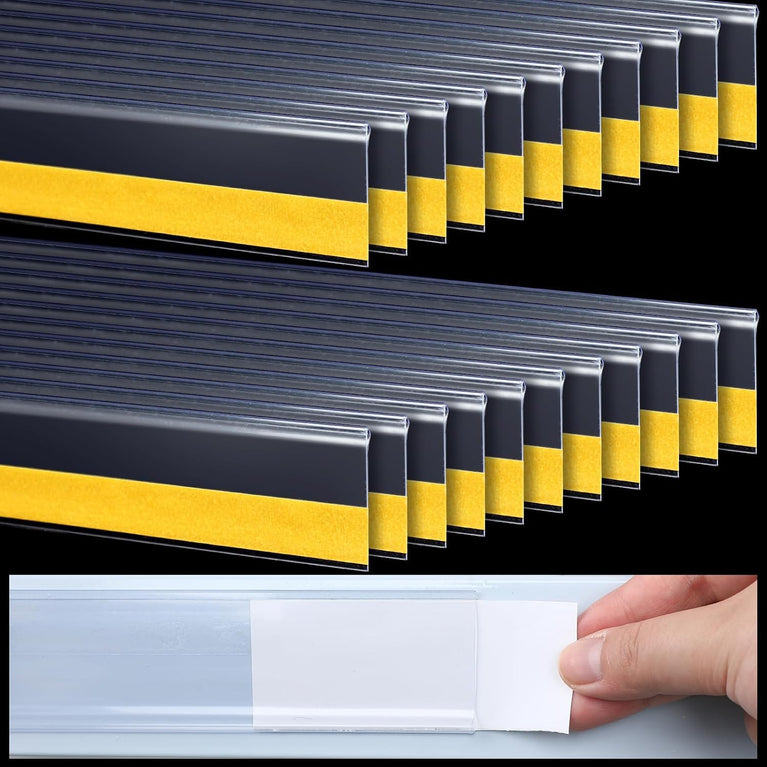 SNOOGG Clear Label Holder 25mm & 35mm Height, Self Adhesive Shelf Name Badge Strip for Kitchen Cabinet, Store Rack, Food Cover, Library, Pantry, Warehouse Bin & Counter Display,