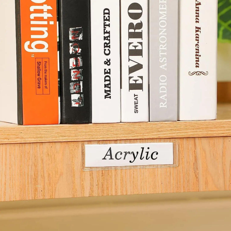 SNOOGG Clear Label Holder 25mm & 35mm Height, Self Adhesive Shelf Name Badge Strip for Kitchen Cabinet, Store Rack, Food Cover, Library, Pantry, Warehouse Bin & Counter Display,