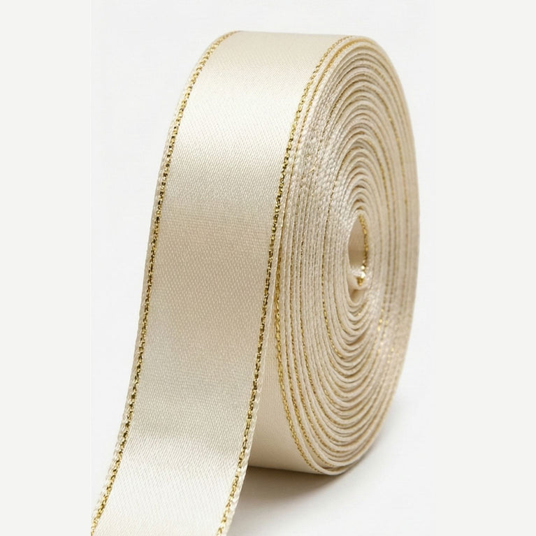 SNOOGG Ivory Ribbon with Gold Edge 10 mm Width 60 Yards Roll for Gift Wrapping Wedding Decor Craft Sewing Scrapbooking Card Making Fabric Border DIY Decoration
