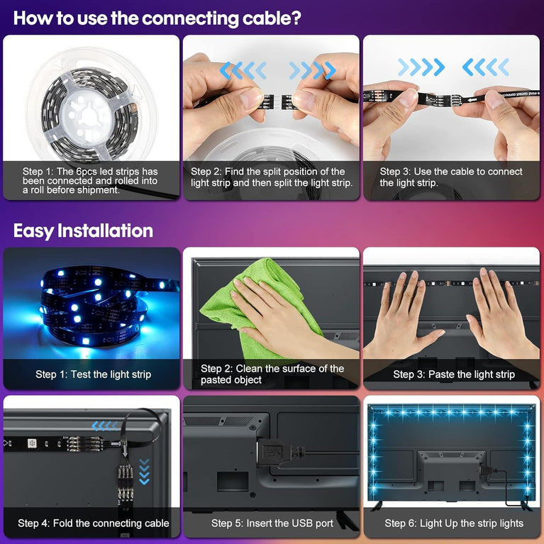 SNOOGG RGB LED Backlight for TVs Features Bluetooth Mobile app, Music SYNC, Sound with IR 24 Key Remote Control functionality Perfect for Enhancing Your Gaming Room or Home Entertainment