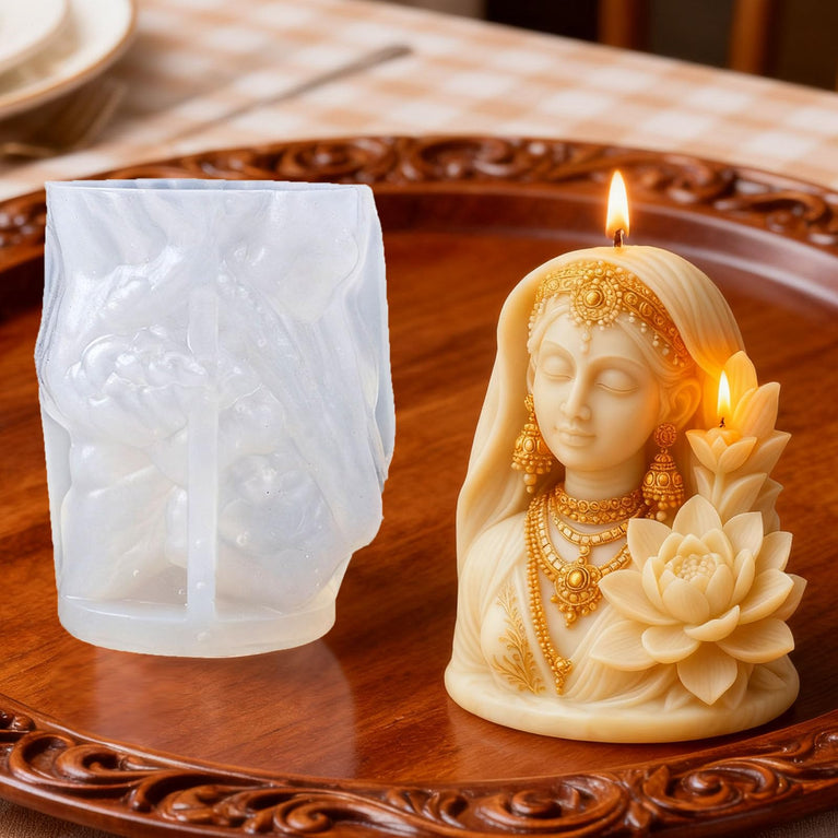 SNOOGG Indian Goddess Lotus Silicone Candle Mold for Resin Casting | Ethnic Bride Bust with Lotus Flower 3D Mold for Eco Resin, Epoxy, Concrete Crafts | Heavy Duty Reusable Liquid Silicone Mould