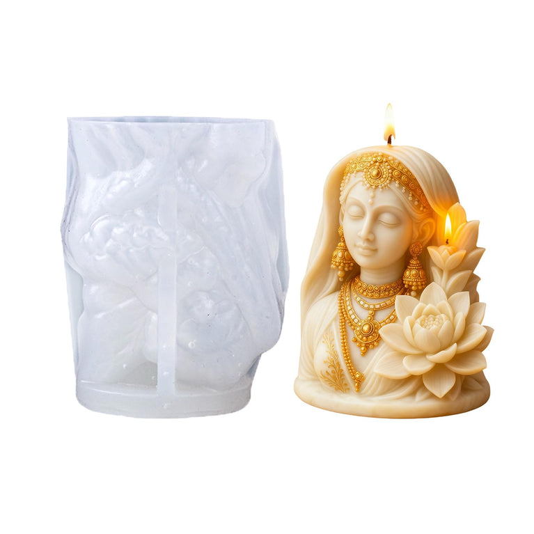 SNOOGG Indian Goddess Lotus Silicone Candle Mold for Resin Casting | Ethnic Bride Bust with Lotus Flower 3D Mold for Eco Resin, Epoxy, Concrete Crafts | Heavy Duty Reusable Liquid Silicone Mould