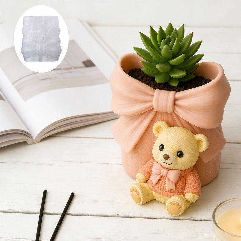 SNOOGG Bow Knit Sweater Teddy Bear Silicone Mold for Resin Casting | Bear Planter & Candle 3D Mold for Eco Resin, Epoxy, Concrete Crafts | Heavy Duty Reusable Silicone Mould for Home Decor